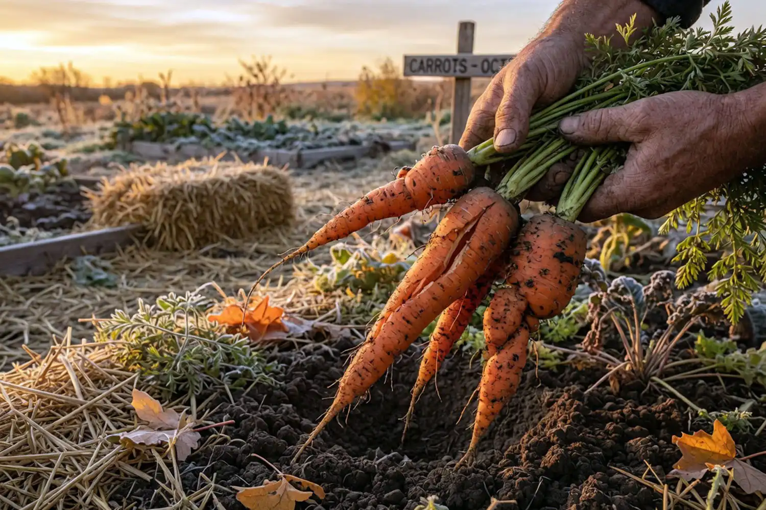 Oversized split carrots held over dark soil showing what happens if you don't harvest carrots on time