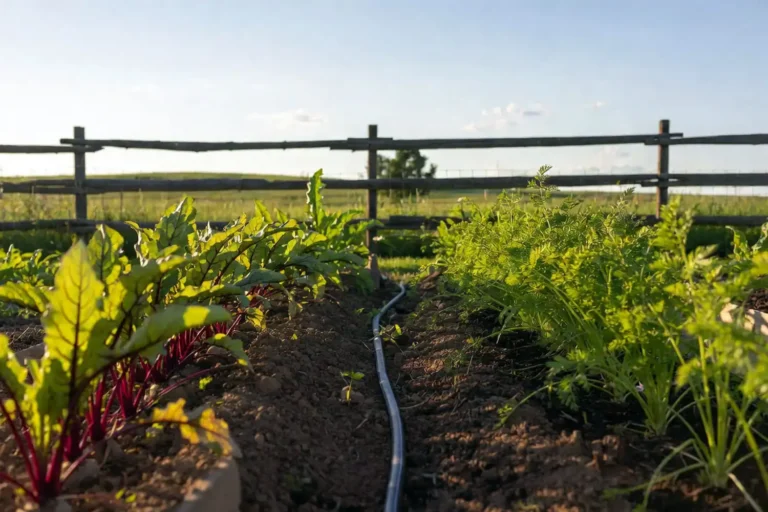 Beets and carrots growing in adjacent rows in a Kansas garden bed