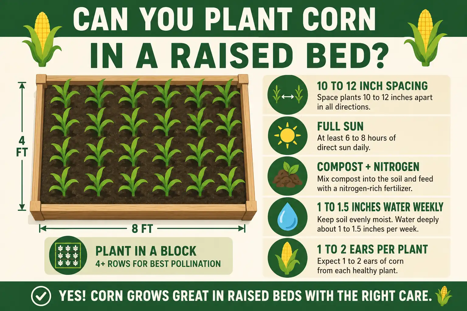 Infographic on how to plant corn in a raised bed using a block layout, spacing, feeding, watering, and expected ears.