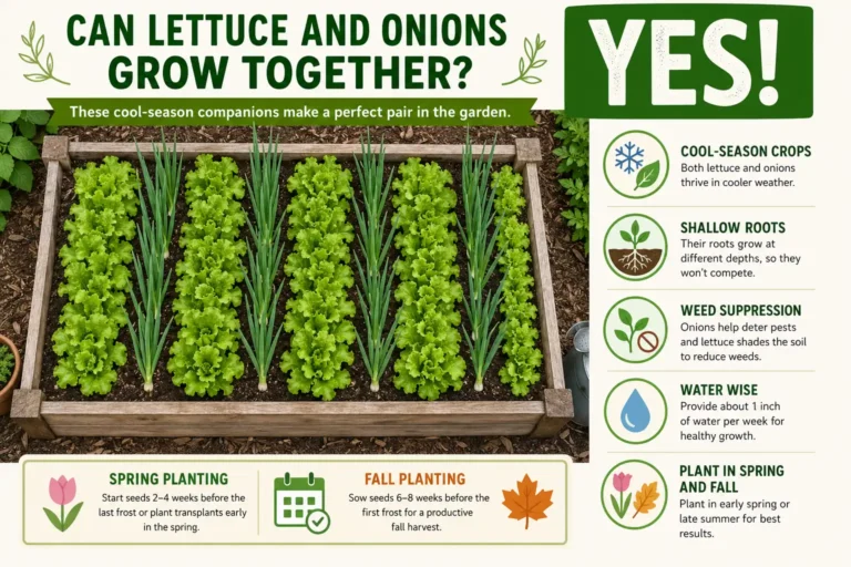 Infographic guide of plant lettuce and onions together with onions in rows and lettuce filling the gaps