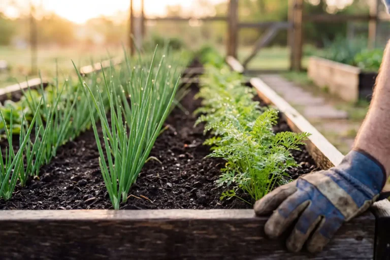 Onions and carrots growing side by side in a Kansas garden bed