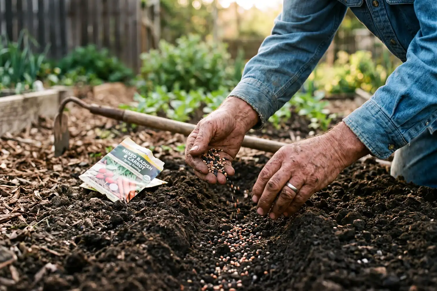 Sowing radish and carrot seeds together in a garden row