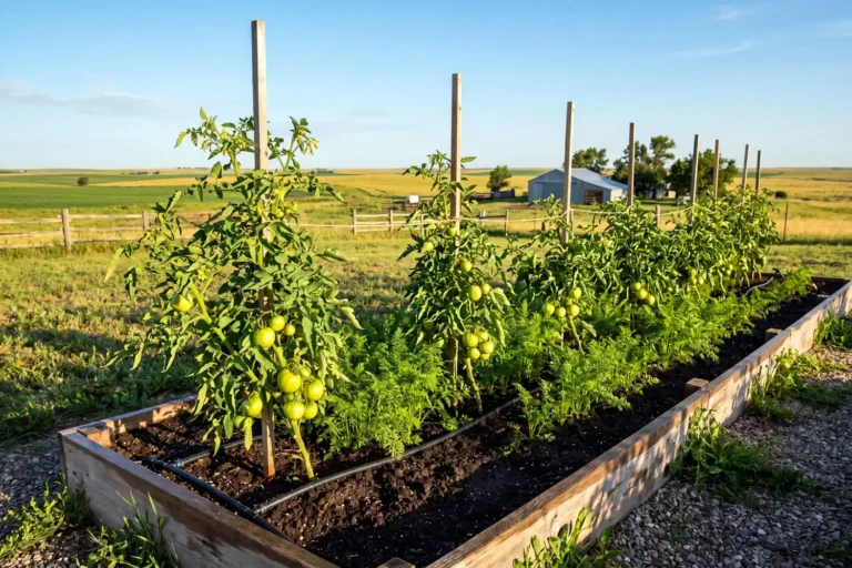 Tomato plants and carrot rows planted together in one raised bed