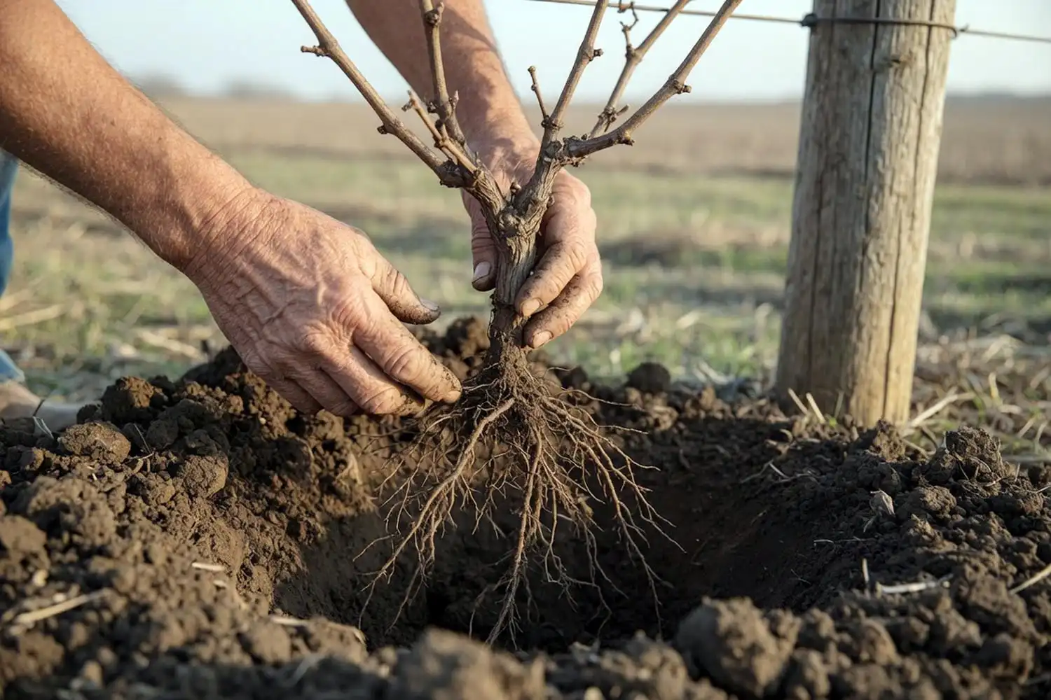 Farmer planting a dormant bare-root grapevine in early spring, the best time to plant grapes
