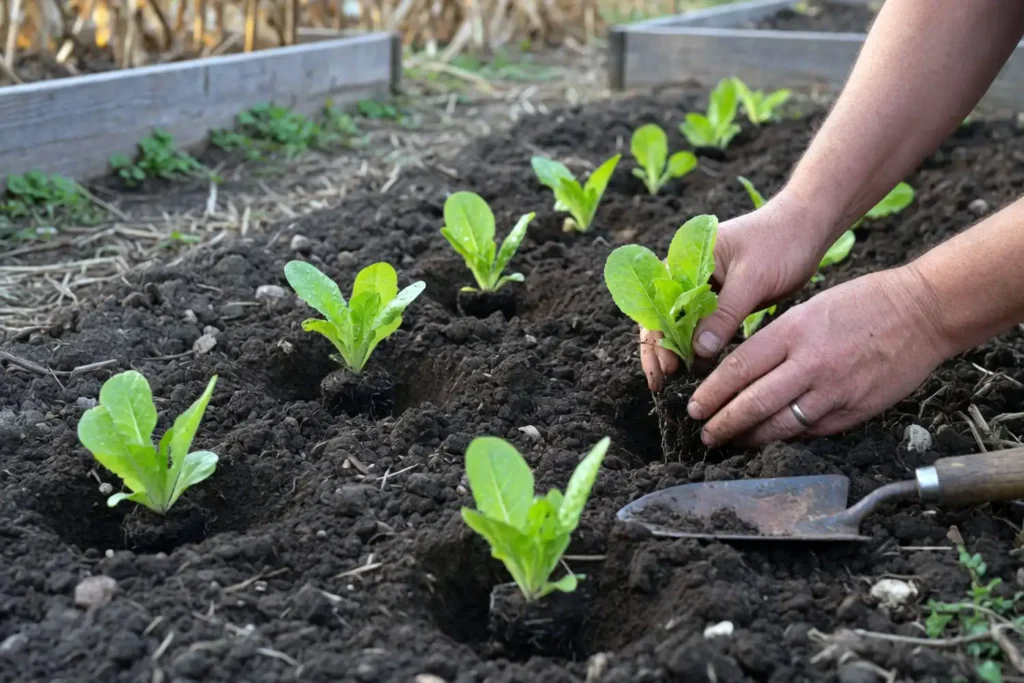 Romaine lettuce seedlings transplanted and spaced about ten inches apart in a garden row