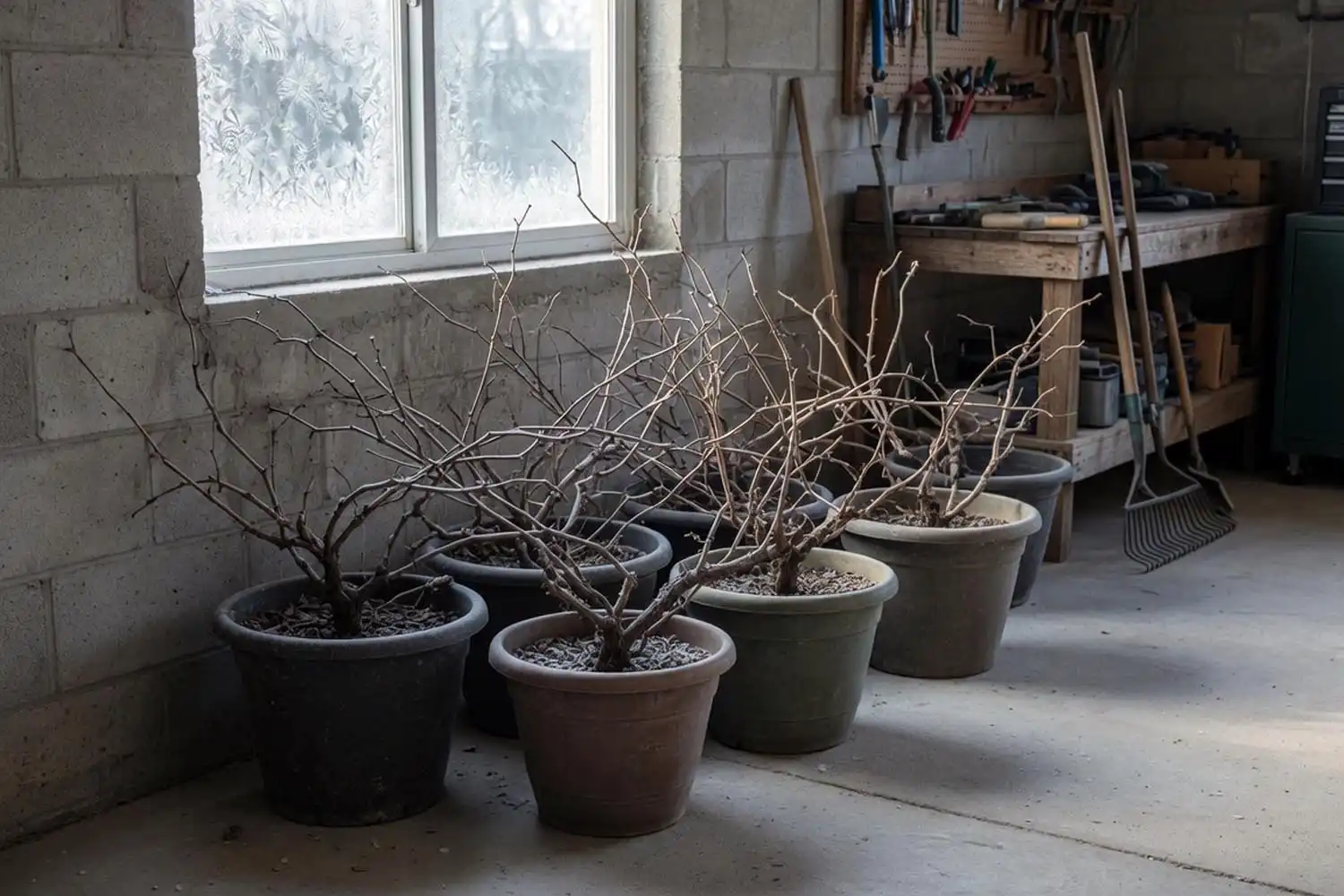 Dormant potted grapevines overwintering in an unheated garage to protect the roots from hard freezes
