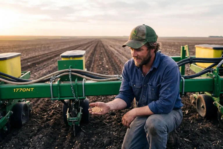 Kansas farmer checking how many pounds of soybeans to plant per acre while holding seed near a planter