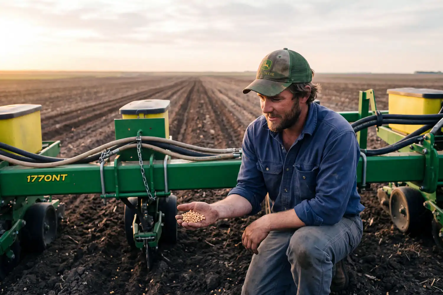 Kansas farmer checking how many pounds of soybeans to plant per acre while holding seed near a planter