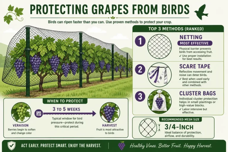 Infographic on how to protect grapes from birds with netting at veraison, mesh size, and ranked deterrent methods