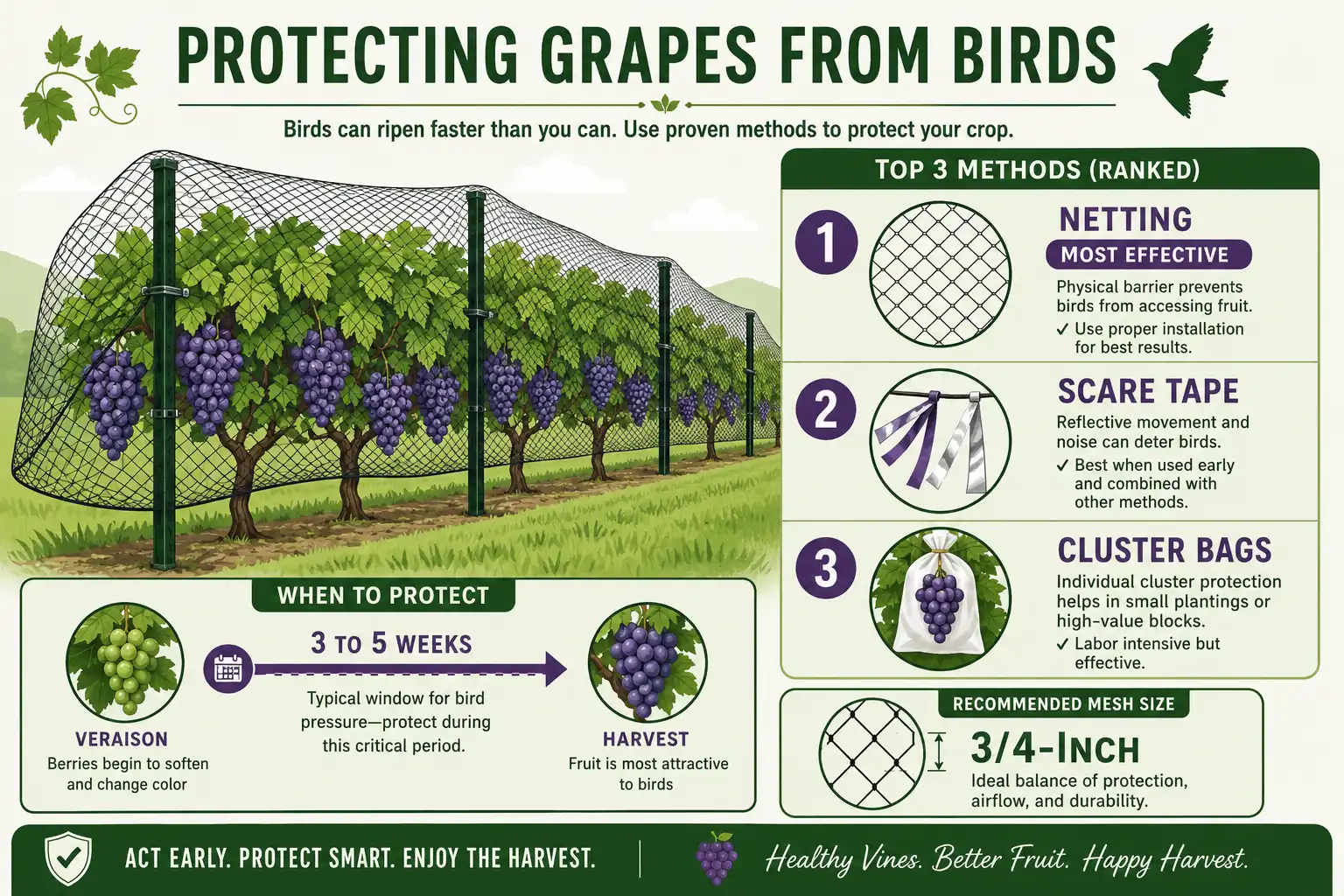 Infographic on how to protect grapes from birds with netting at veraison, mesh size, and ranked deterrent methods