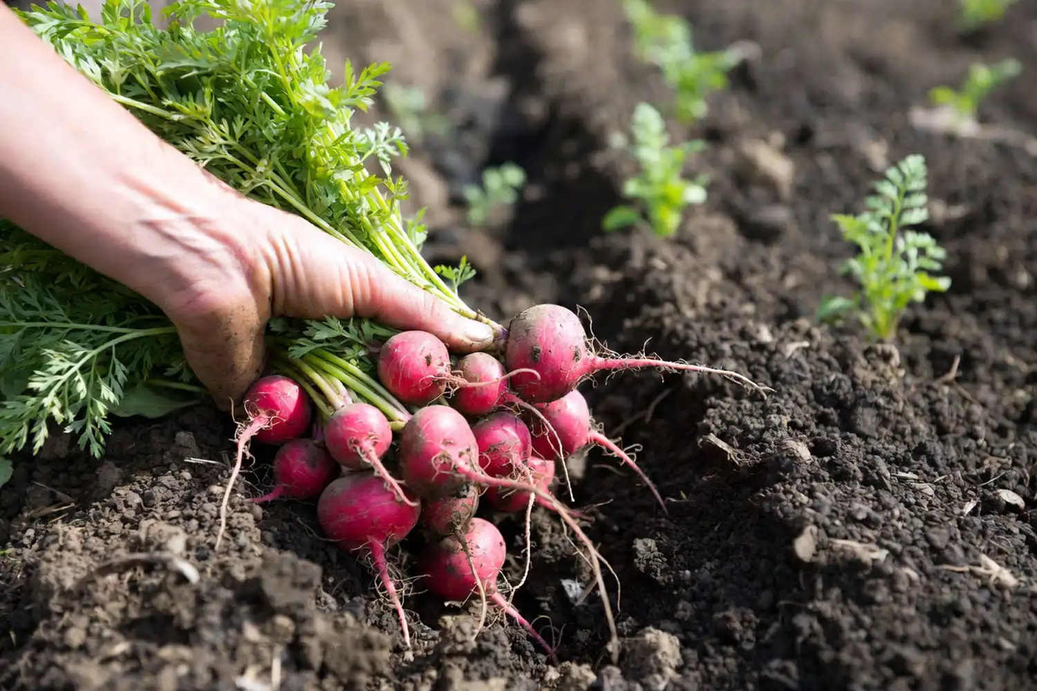 Farmer harvesting ripe radishes from a row while young carrots keep growing