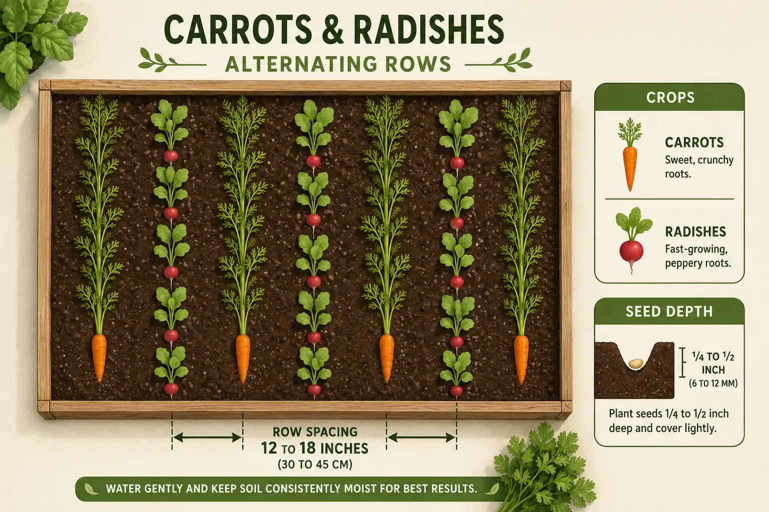 Diagram of radish and carrot interplanting layout with row spacing and seed depth