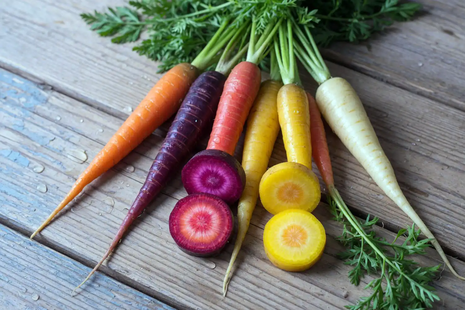 Carrot colors including orange, purple, red, yellow, and white carrots fanned out together