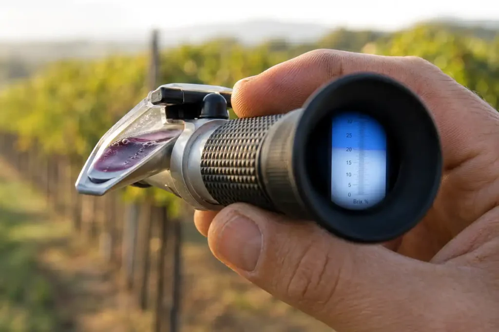 Gardener holding a grape refractometer to daylight with grape juice on the prism to read Brix at harvest