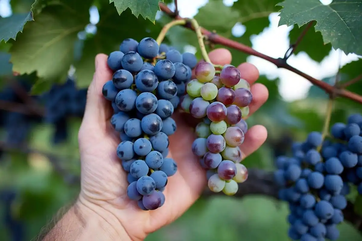 Ripe deep purple Concord grapes next to underripe greenish ones, showing how to tell Concord grapes are ready to harvest