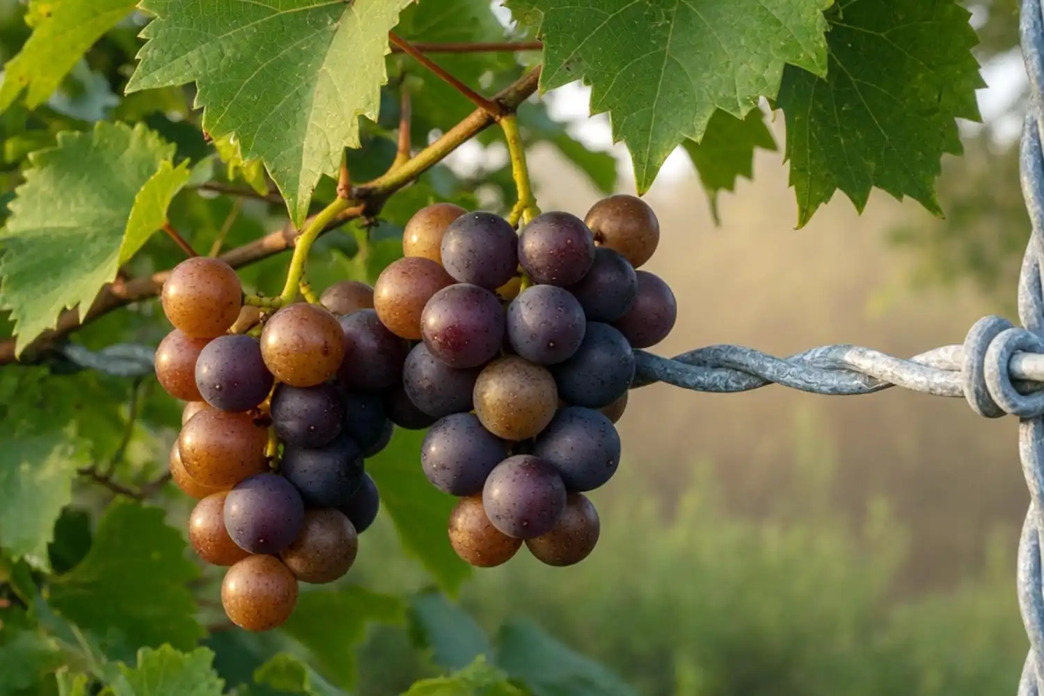 Bronze and purple muscadine grapes ripening on a trellis, the grapes that grow best in Florida