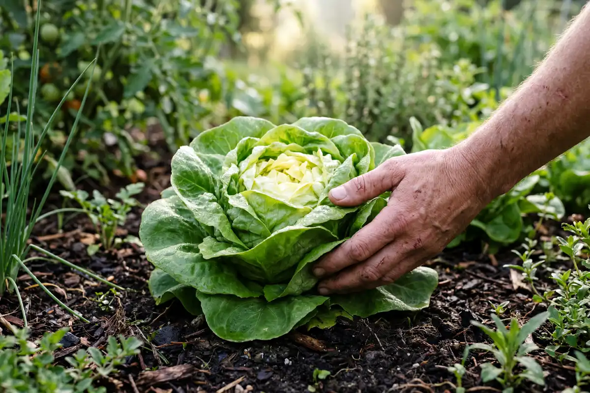 A mature butterhead lettuce with a soft loose head about 7 inches across, ready to harvest