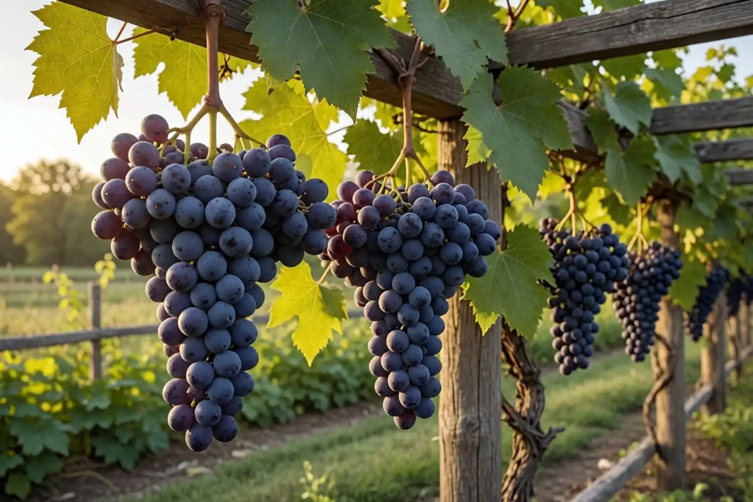 Ripe purple grape clusters on a trellis in late summer, ready for harvest