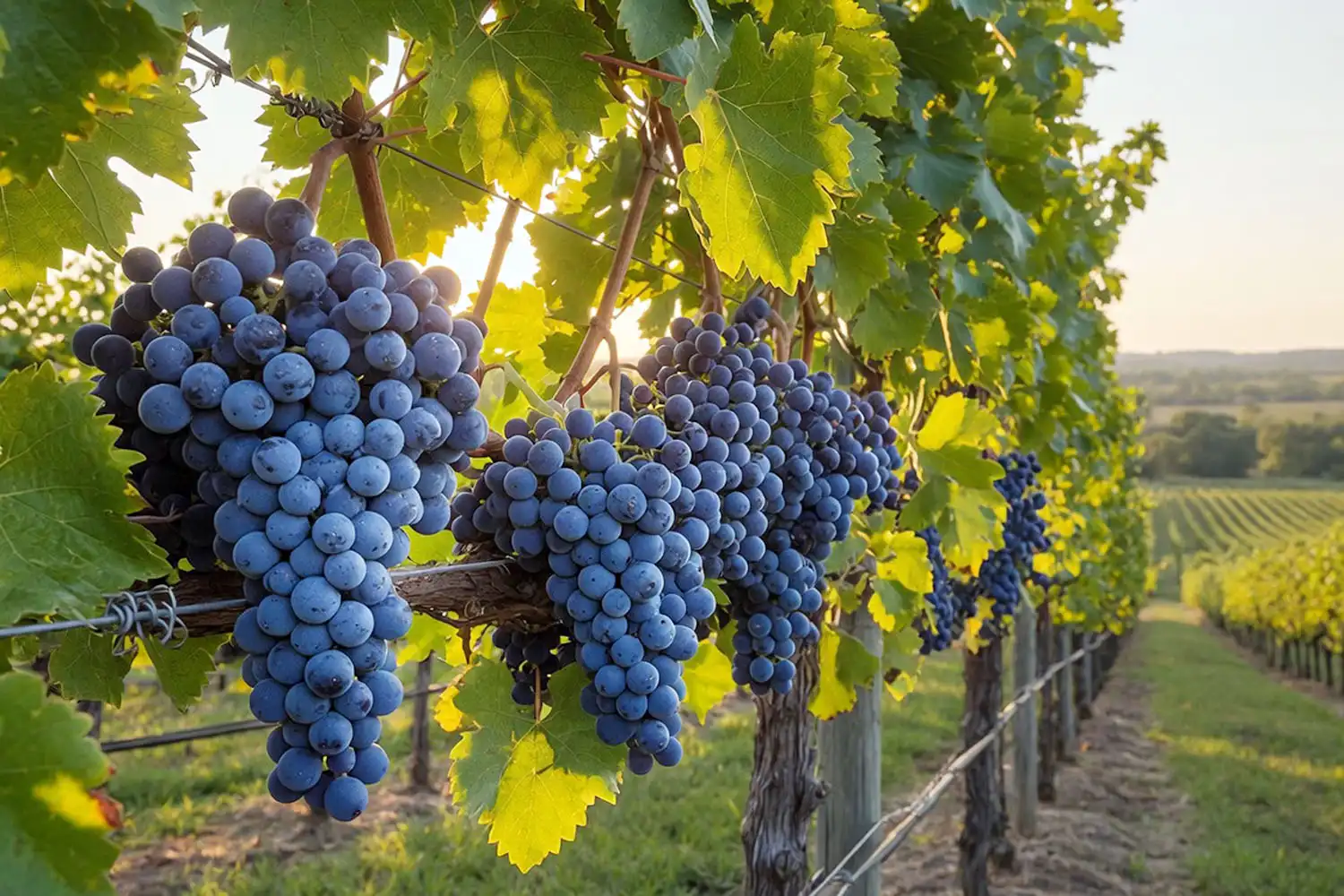 Ripe grape clusters ready to pick on a mature vine, the payoff after the years it takes grapes to grow.