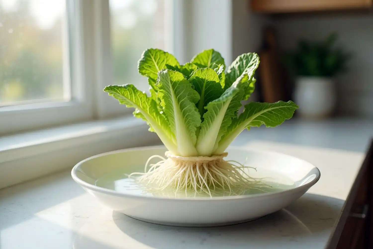 Store bought romaine base sprouting new green leaves and roots in a shallow dish of water