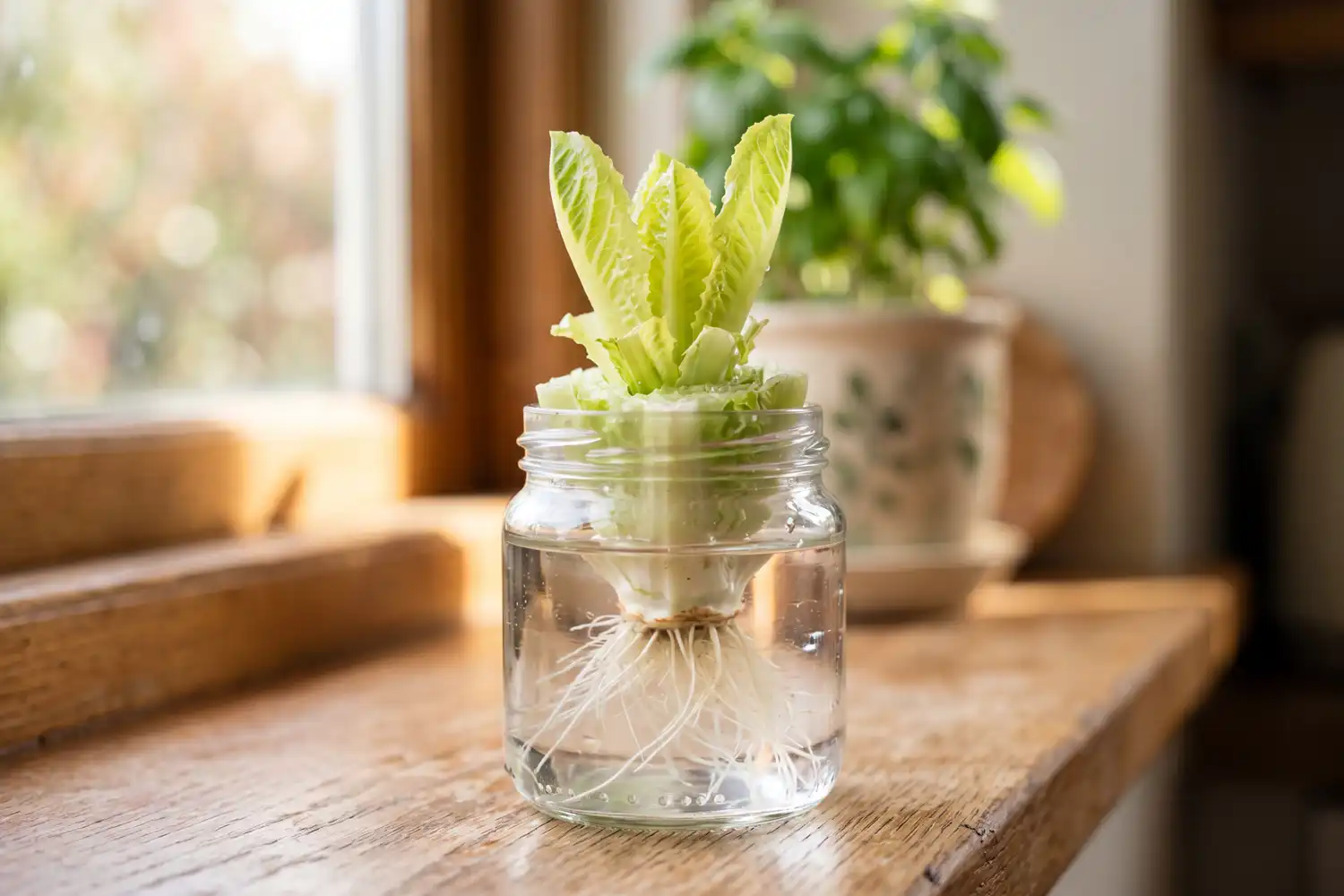 Romaine lettuce stump growing new leaves and roots in a glass of water on a sunny windowsill