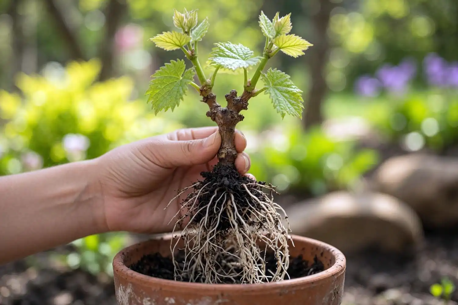 A rooted grape cutting pulled from soil showing white roots and a new green shoot