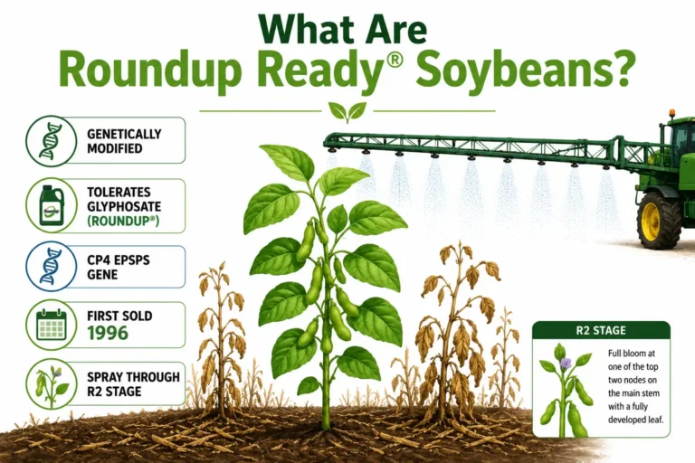 Infographic of Roundup Ready soybeans are: GMO soybeans that tolerate glyphosate so weeds die while the crop survives