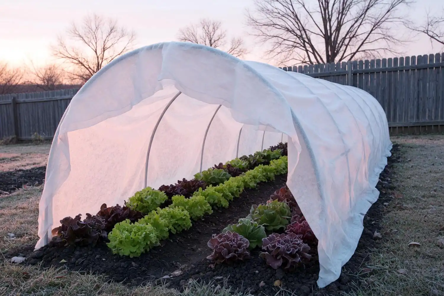 Floating row cover over fall lettuce on a frosty October morning, extending the harvest past the first frost in zone 6a