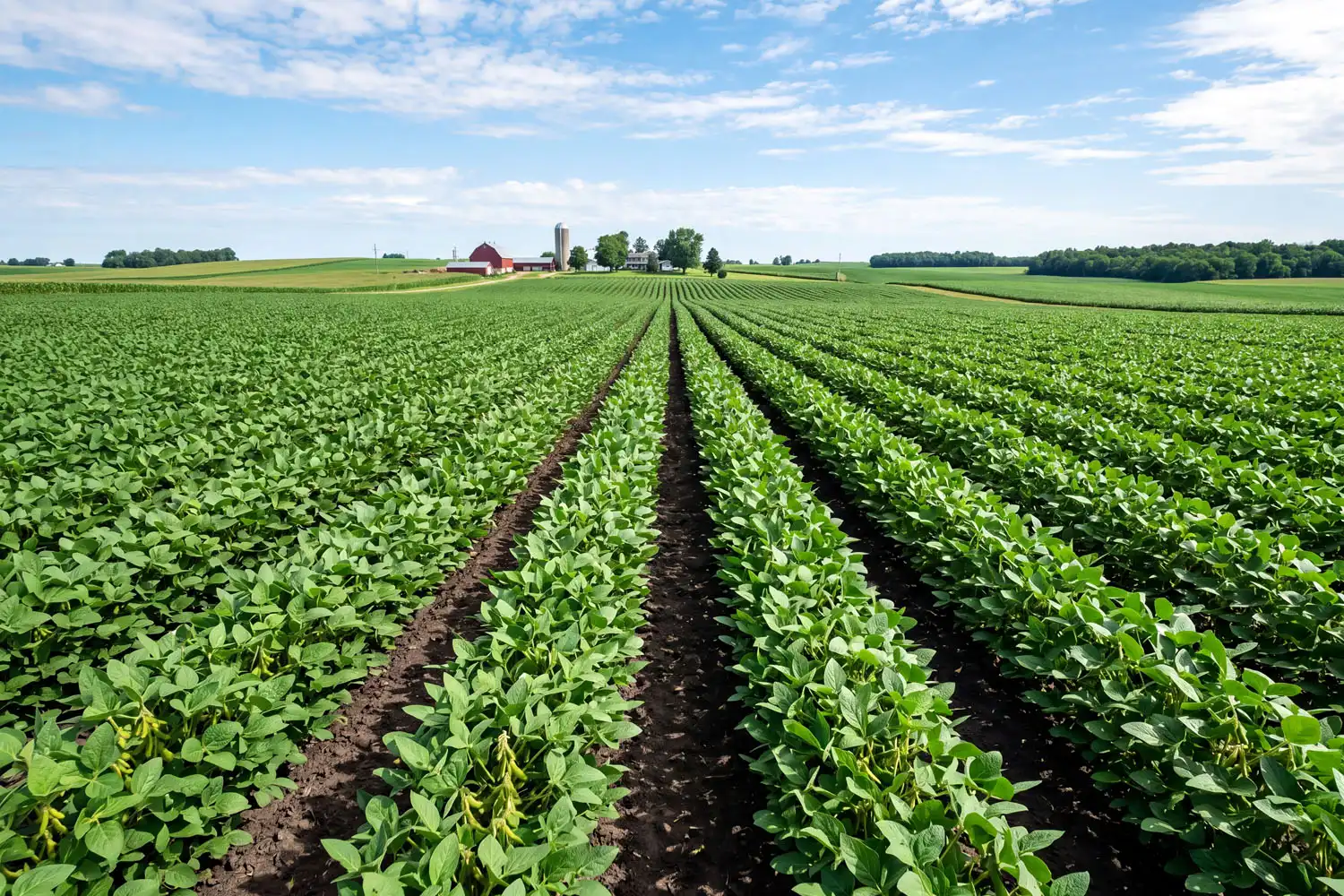 Edamame plants growing in field rows, showing how vegetable soybeans are grown compared to field soybeans