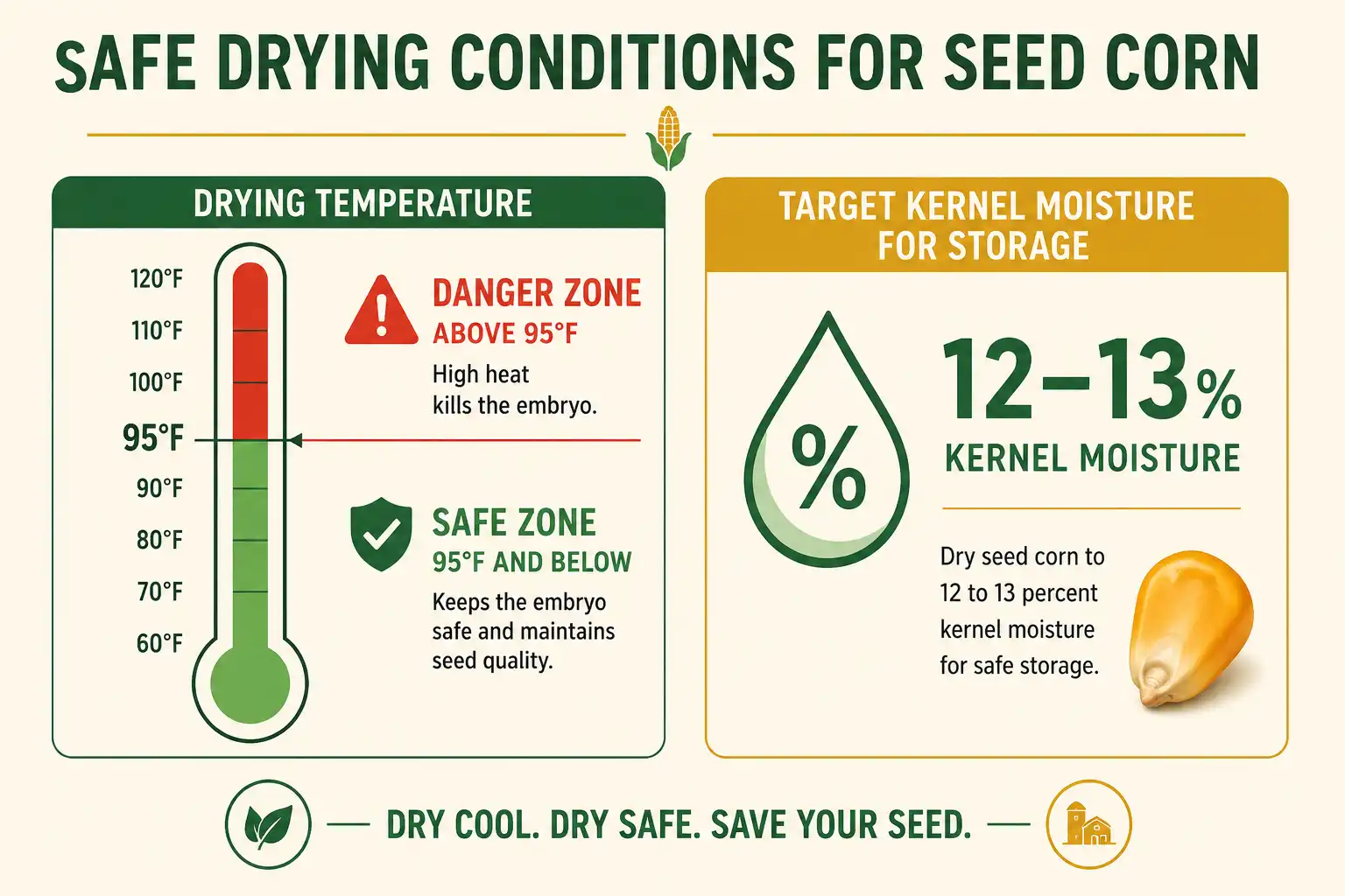 Chart on seed corn should dry below 95°F in the safe zone and reach 12 to 13 percent moisture, since high heat kills the seed embryo.