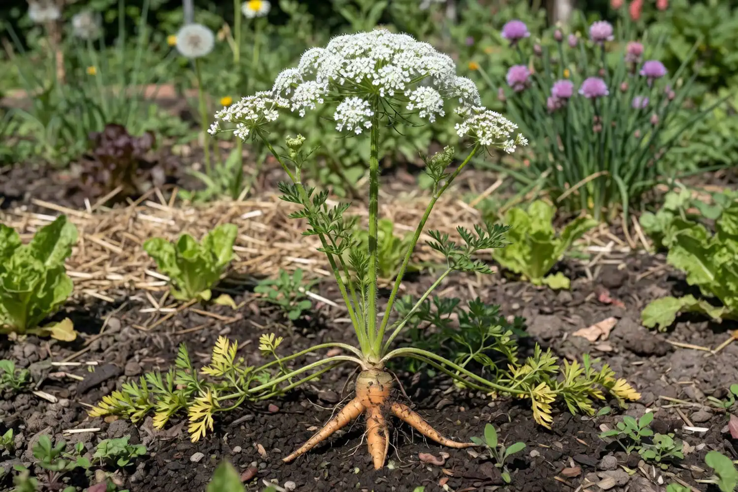 A bolted second year carrot flowering with a white umbel above a thin woody root