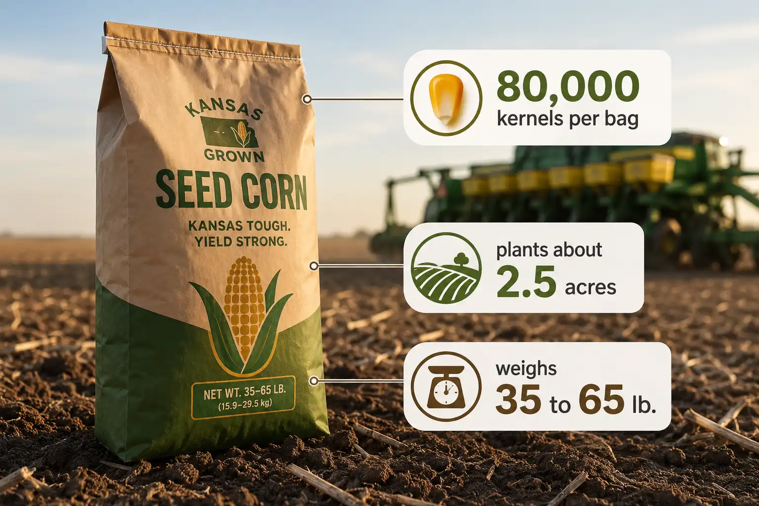 Infographic of how many seeds in a bag of seed corn, showing 80,000 kernels per bag planting about 2.5 acres