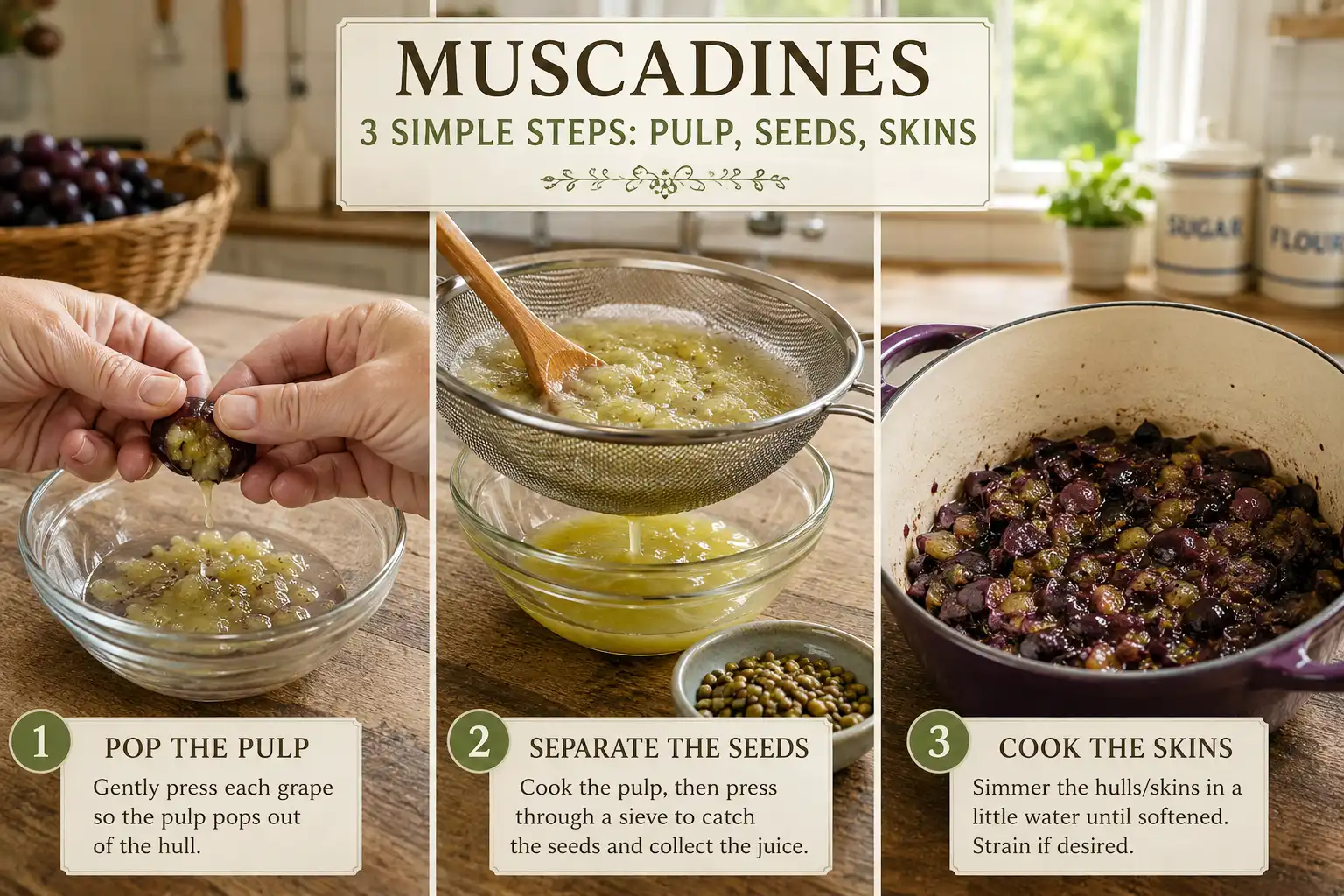 Process diagram of how to press muscadine pulp from the hulls, strain out the seeds, and cook the skins for hull preserves