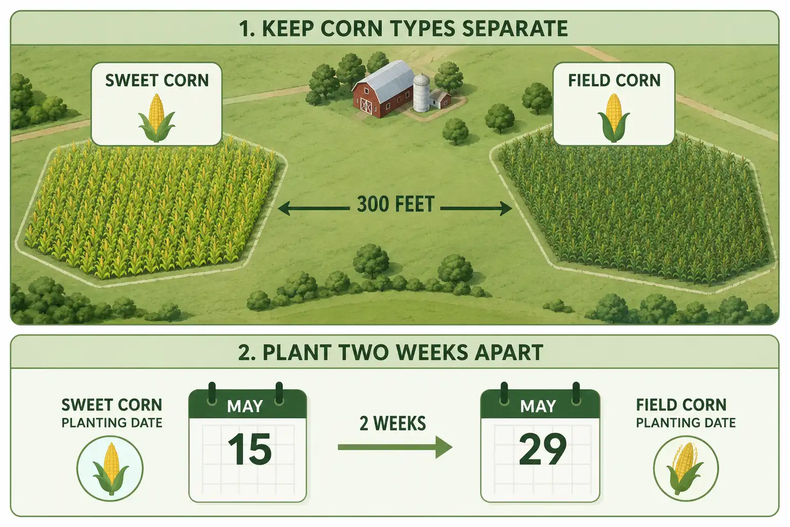 Infographic on how to separate corn types by distance and staggered planting dates to prevent cross-pollination