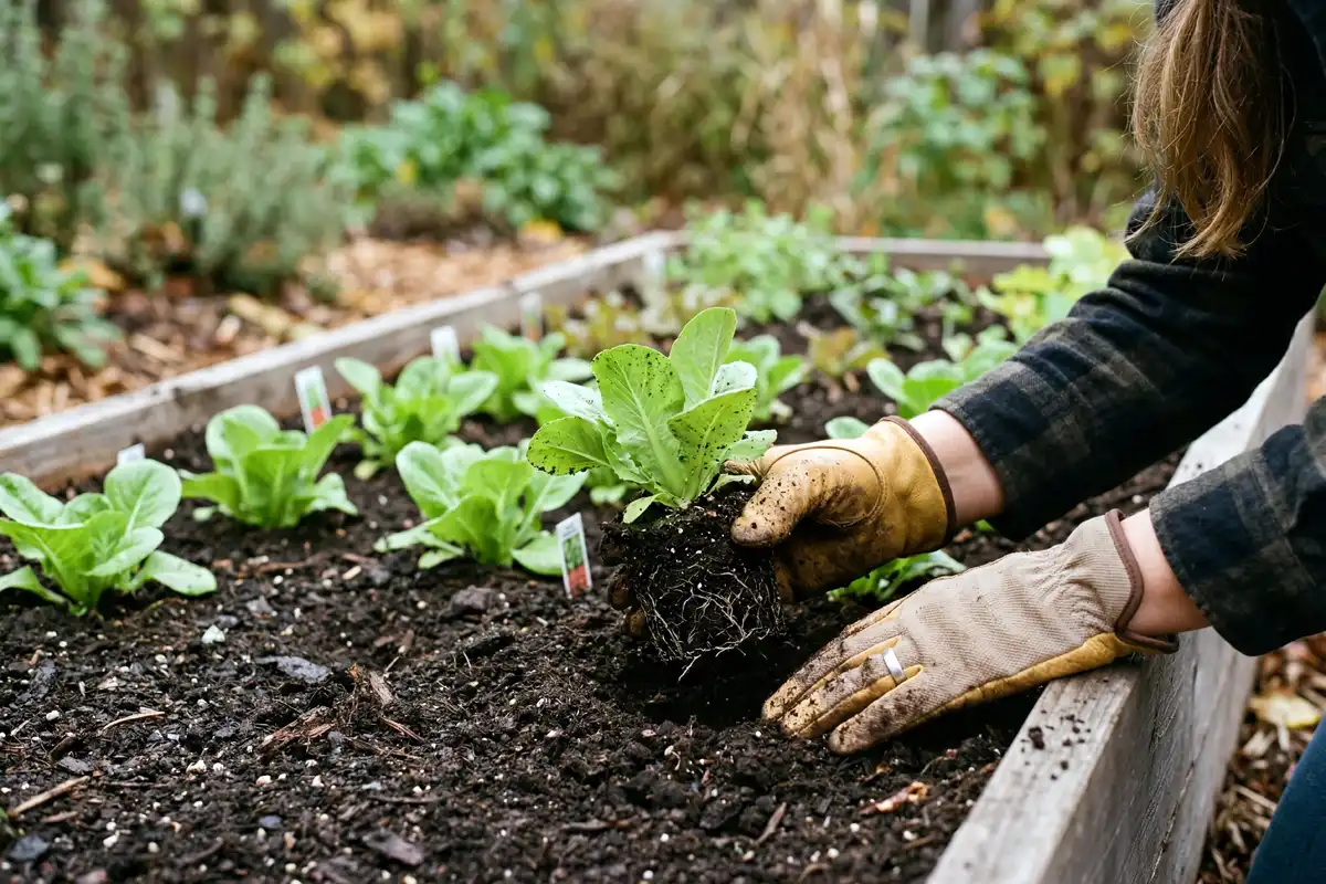 Lettuce transplants being planted in a raised bed for a fall Alabama crop