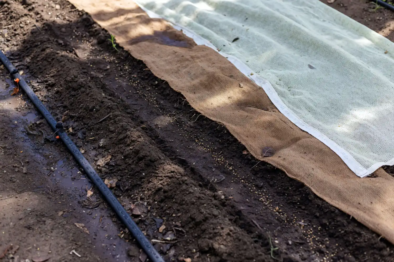 Burlap and shade cloth covering a July carrot row to keep soil cool for germination