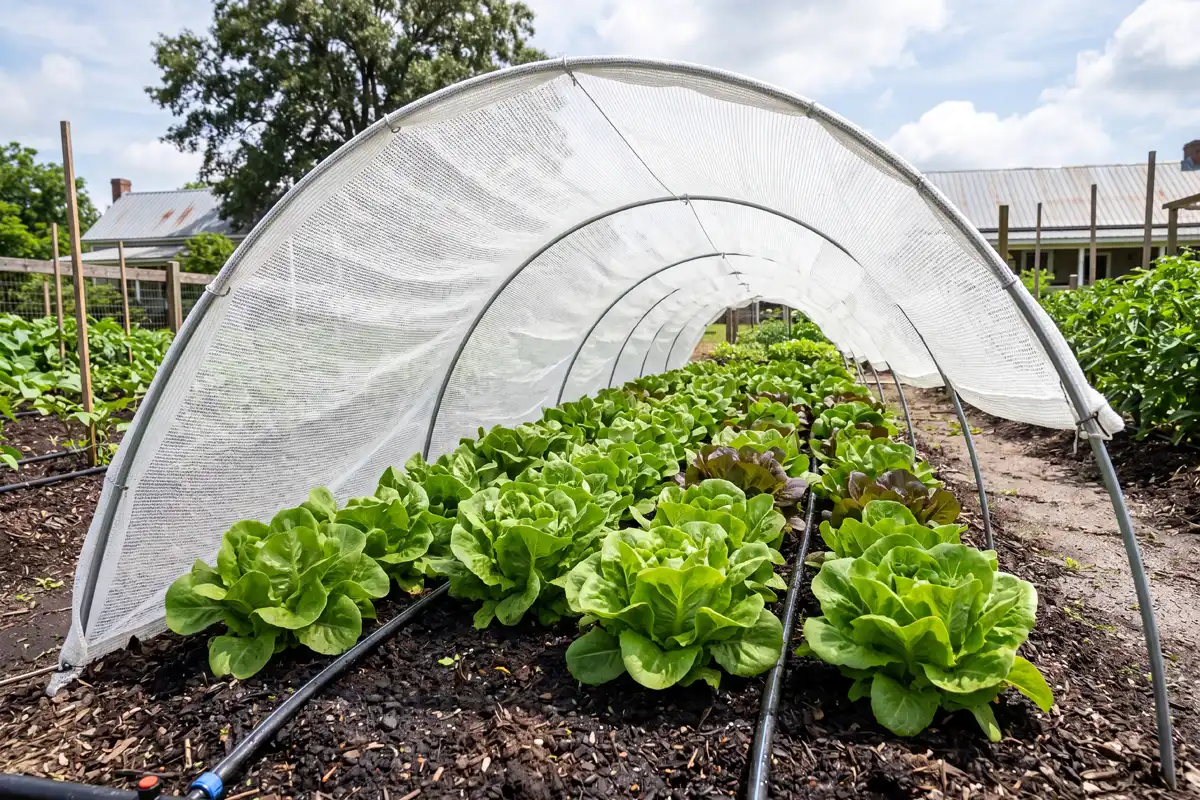 Lettuce growing under shade cloth to prevent bolting in Alabama summer heat
