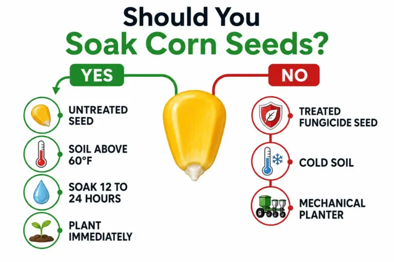Infographic on whether to soak corn seeds before planting, showing soak untreated seed in warm soil and skip treated seed or cold ground