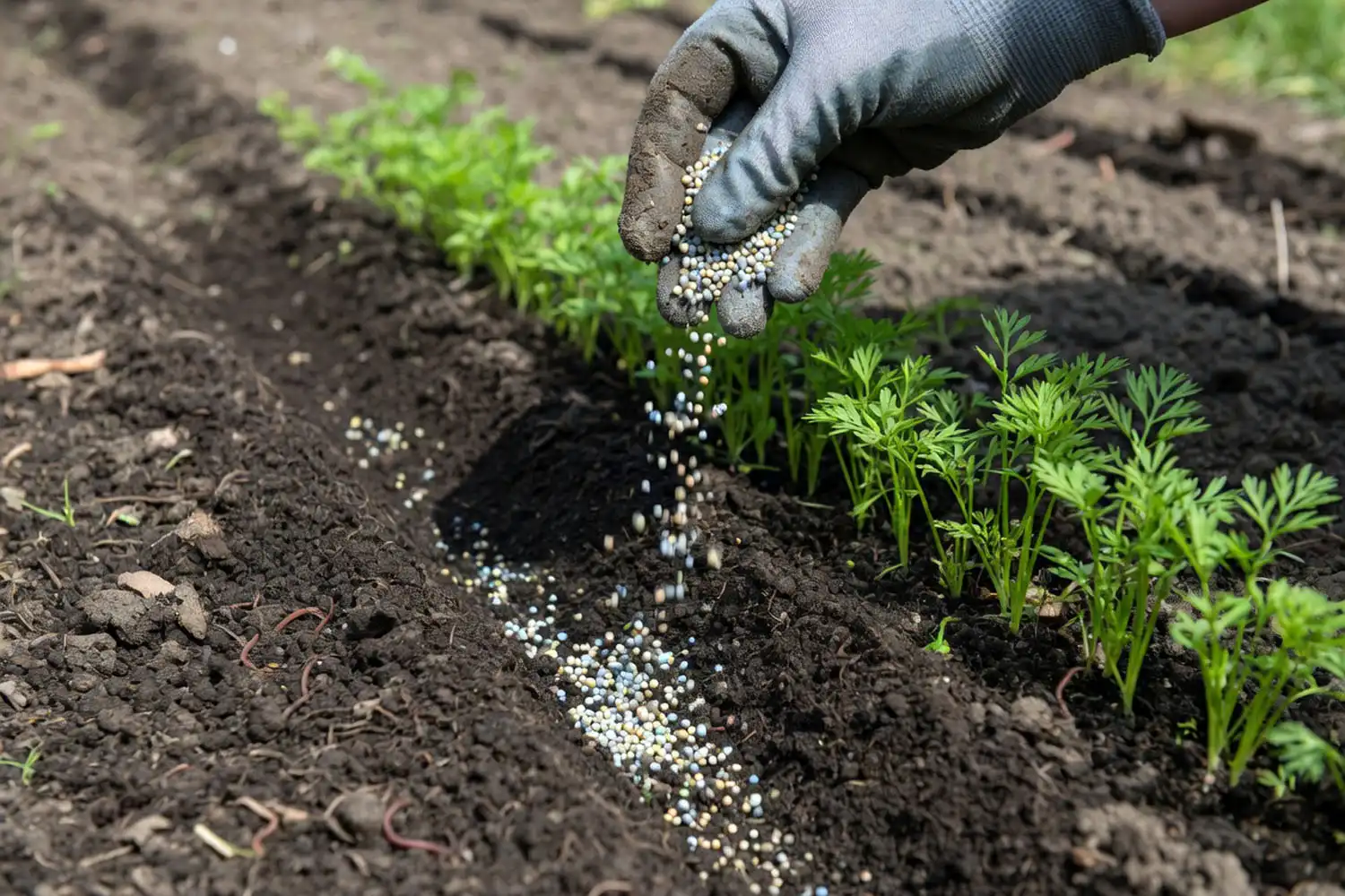 Hand banding granular fertilizer beside carrot seedlings about four inches tall during the first side dressing