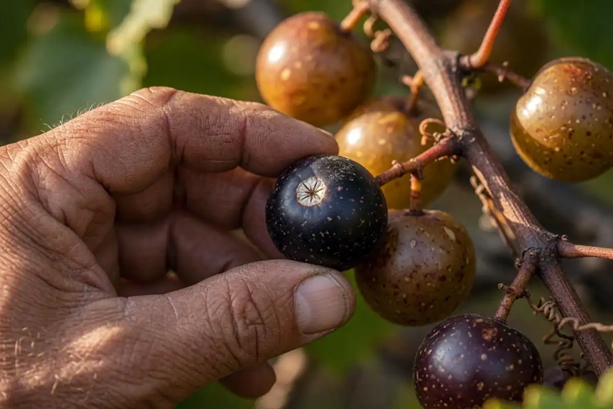 Ripe dark muscadine with a dry stem scar showing the signs a muscadine grape is ready to pick