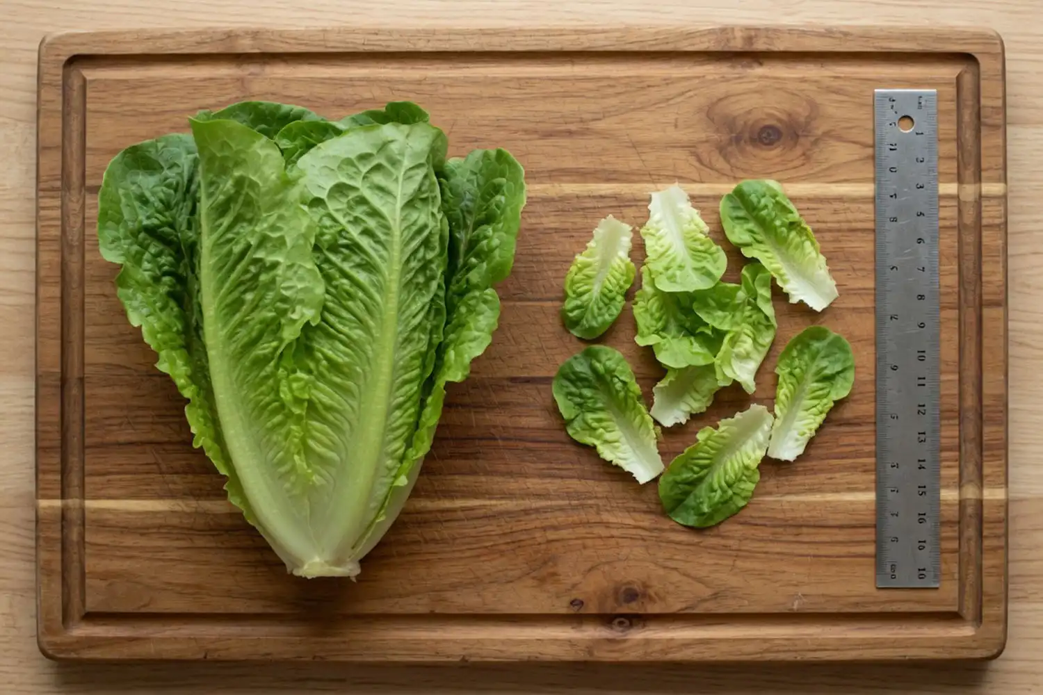 A small handful of regrown lettuce leaves beside a full store bought romaine head of the modest yield
