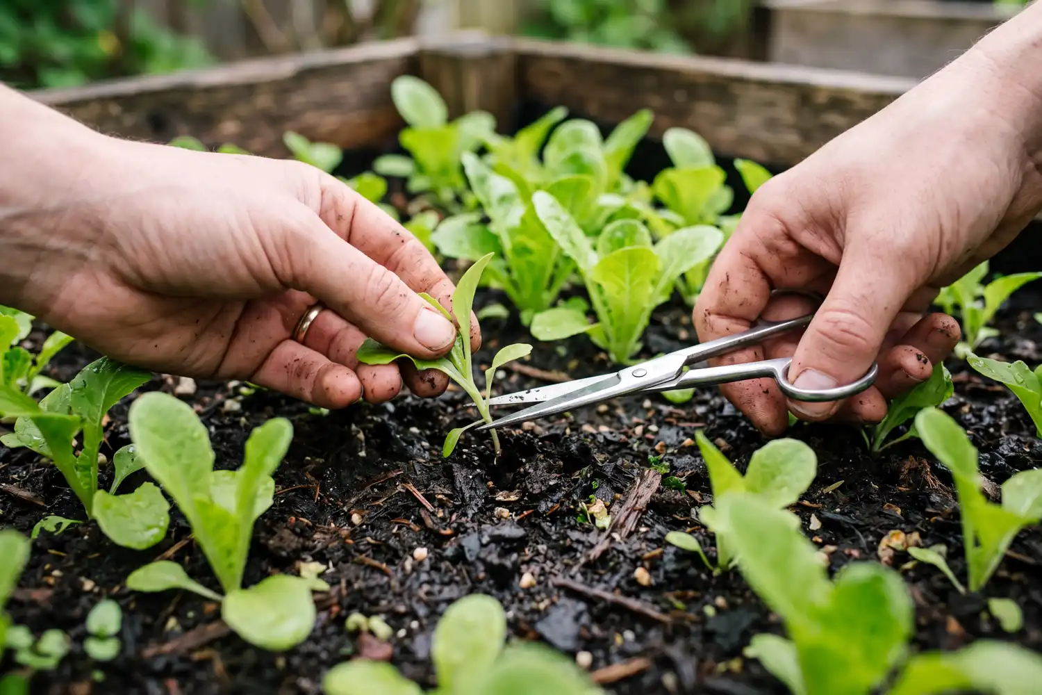 Farmer snipping a lettuce seedling at the soil line to thin the bed without disturbing neighboring roots