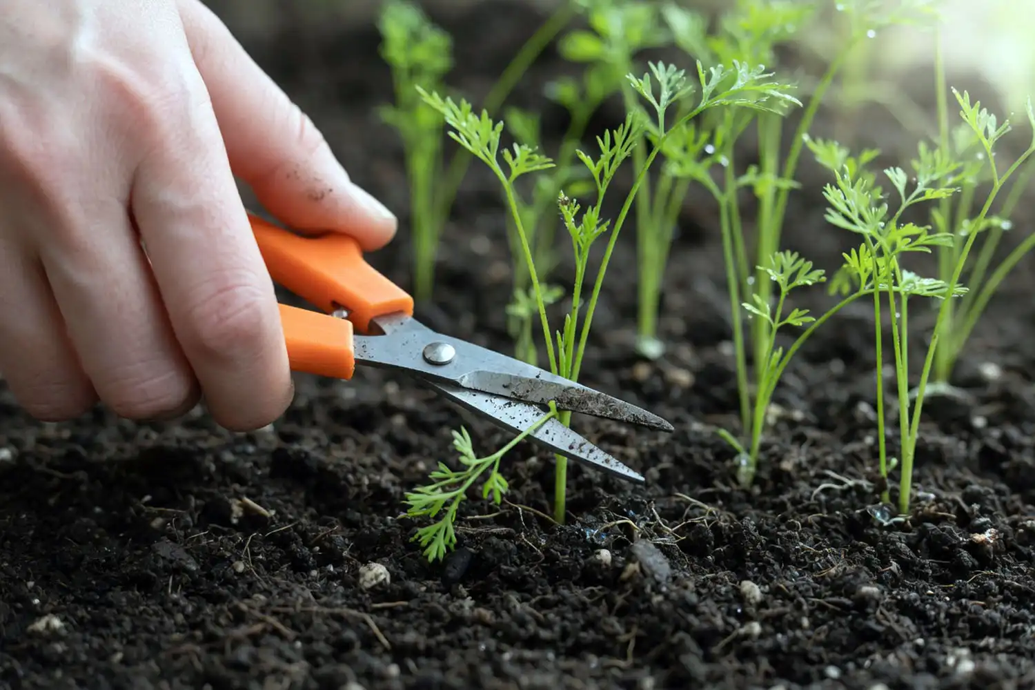 Farmer snipping a carrot seedling at soil level with scissors, the gentlest way to thin carrot seedlings without root damage