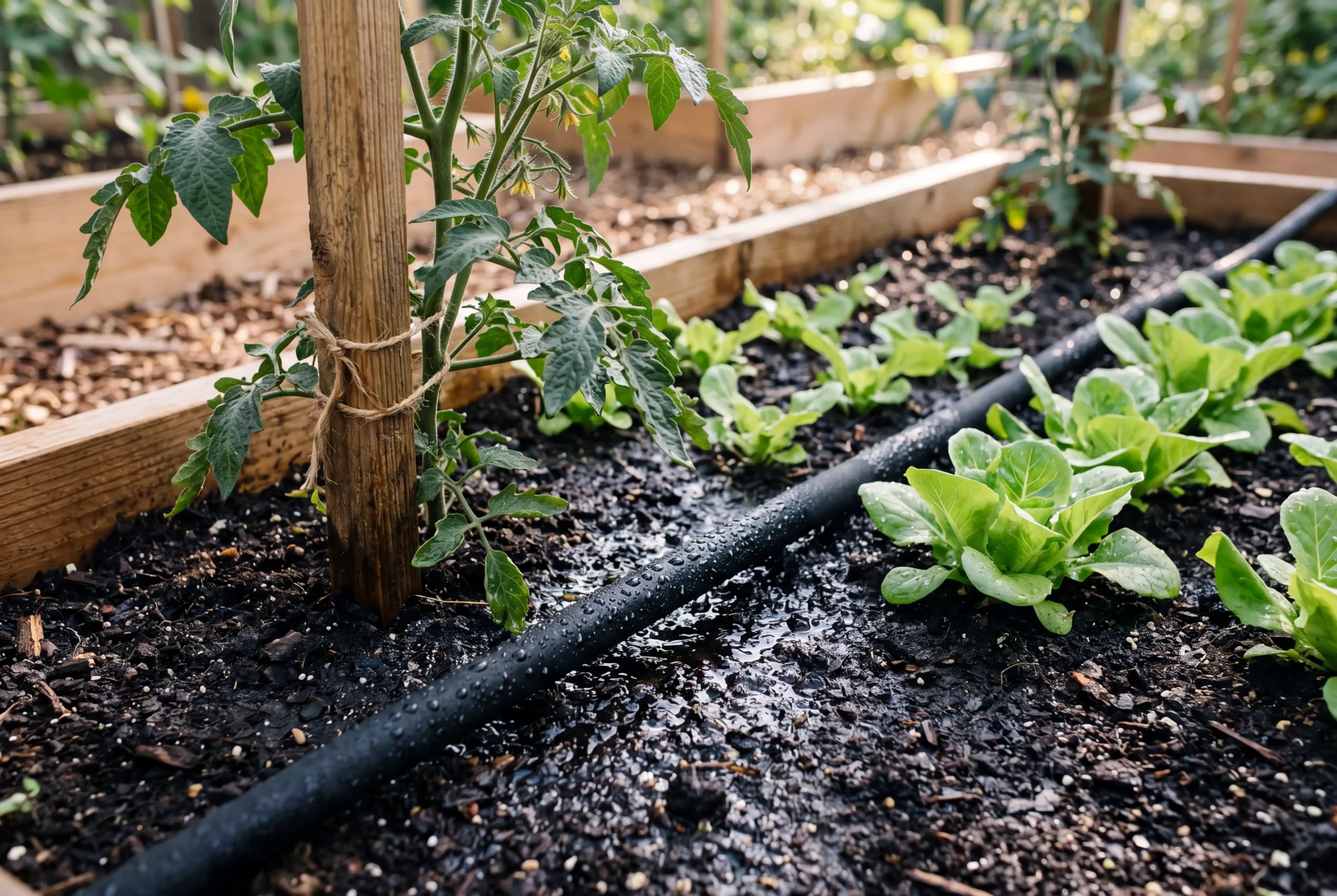 Soaker hose evenly watering lettuce and a tomato plant sharing a raised bed