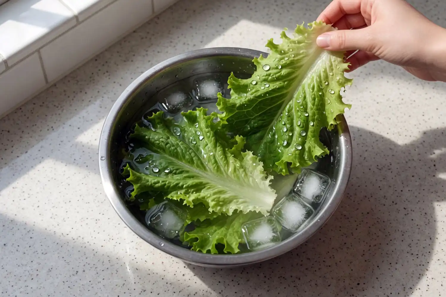 Soaking bitter lettuce in a bowl of ice water, a simple fix to reduce the bitter taste.