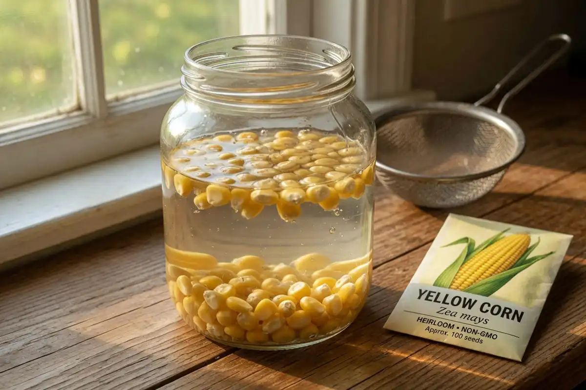 Untreated corn seeds soaking in a jar of warm water on a counter, the right way to soak corn seeds before planting