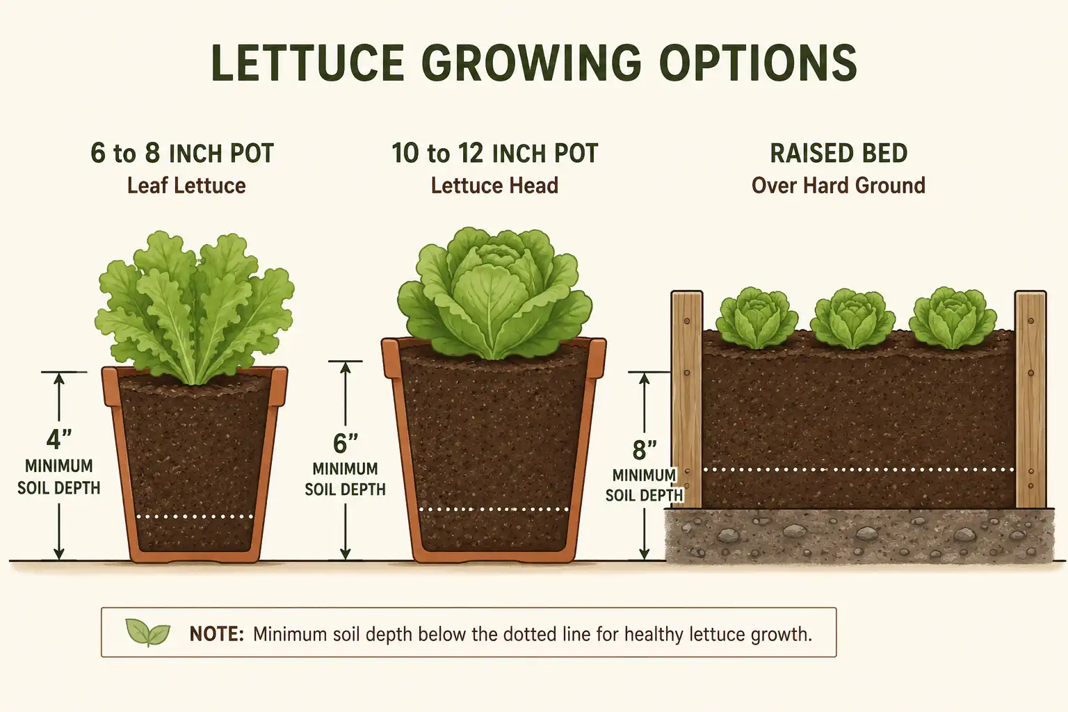Diagram of minimum soil depth for lettuce, 6 to 8 inches for leaf types and 8 to 12 inches for head lettuce in pots and raised beds.