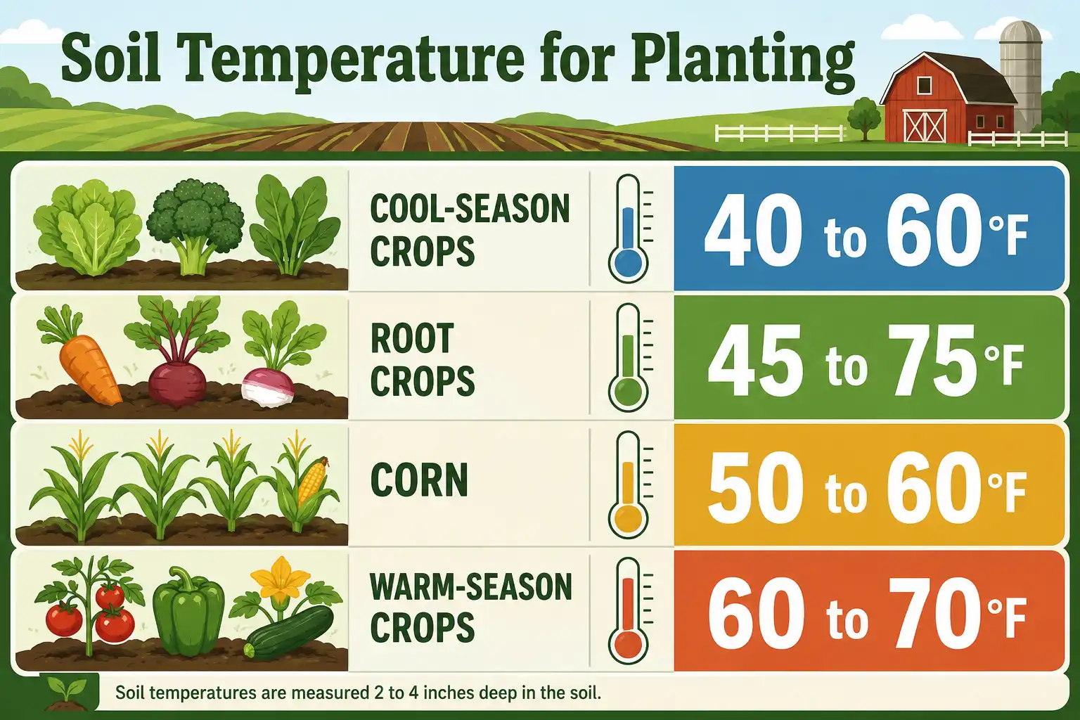 Infographic of minimum and ideal soil temperatures for cool season, warm season, root crops, and corn