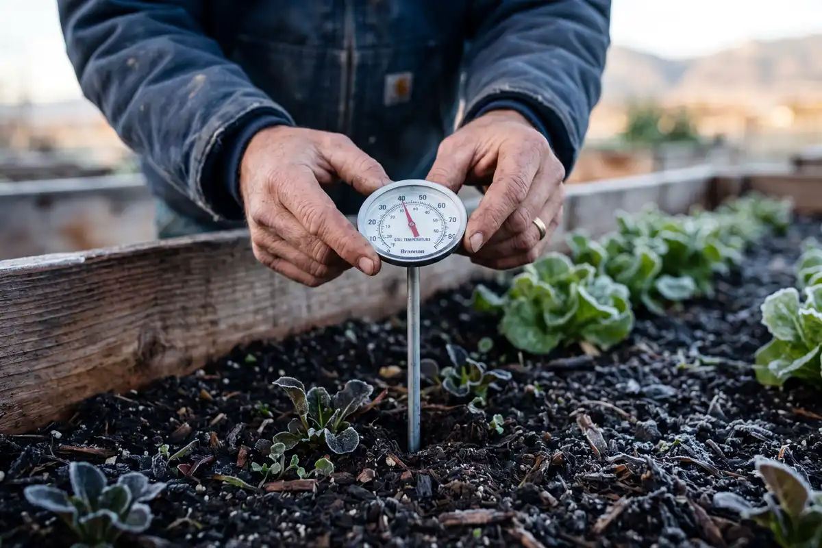 Soil thermometer reading 45 degrees at 4 inches deep in a Colorado raised bed before planting lettuce