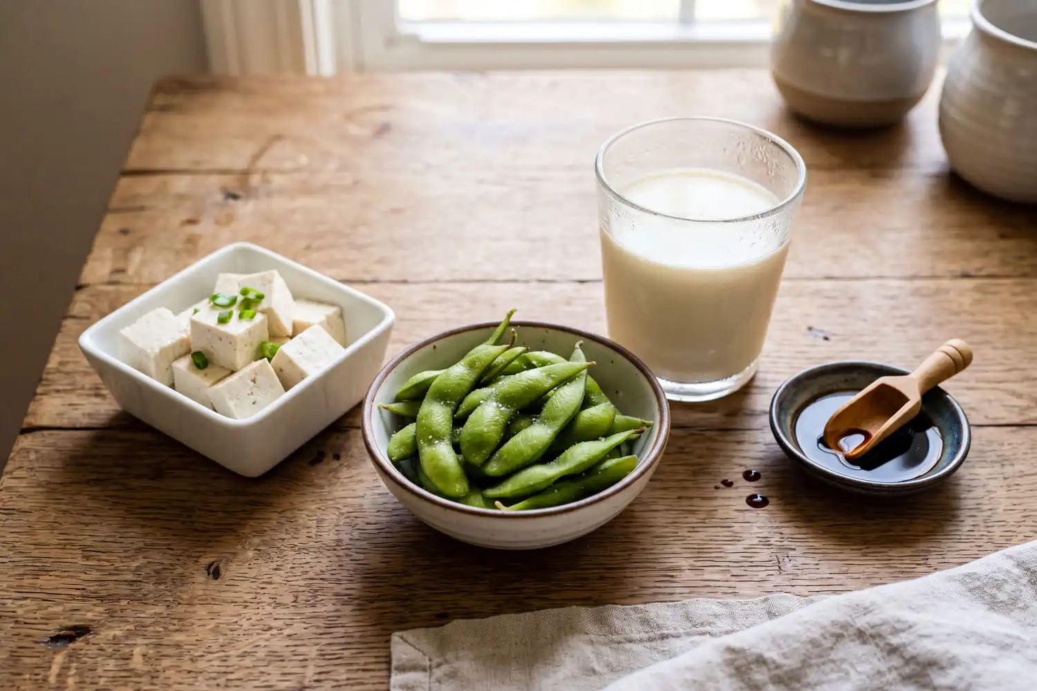 Soy foods made from soybeans including tofu, soy milk, edamame, and soy sauce